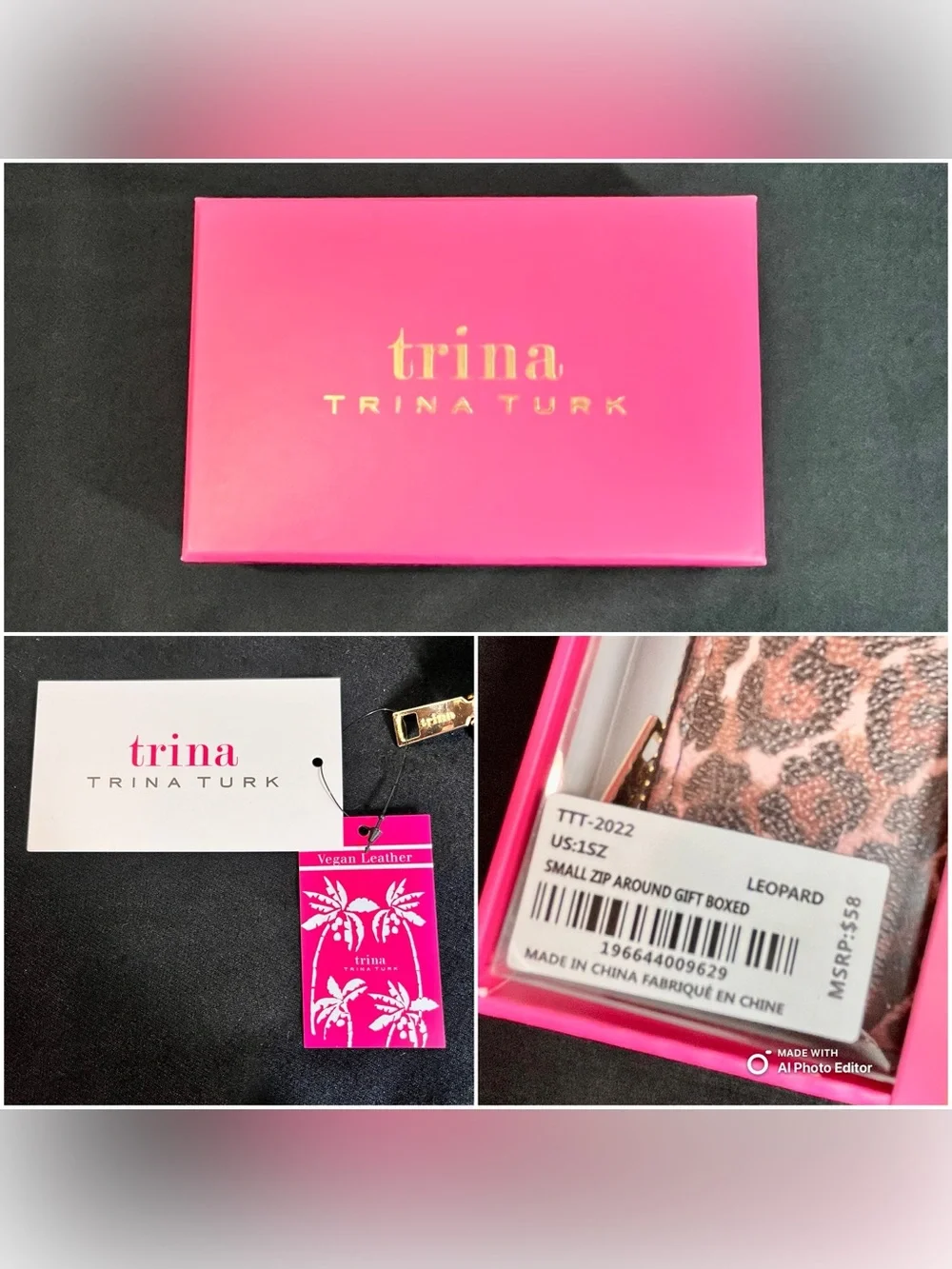 Trina Turk Leopard Print Zip Around Wallet Vegan Leather NIB Gold Gift Box